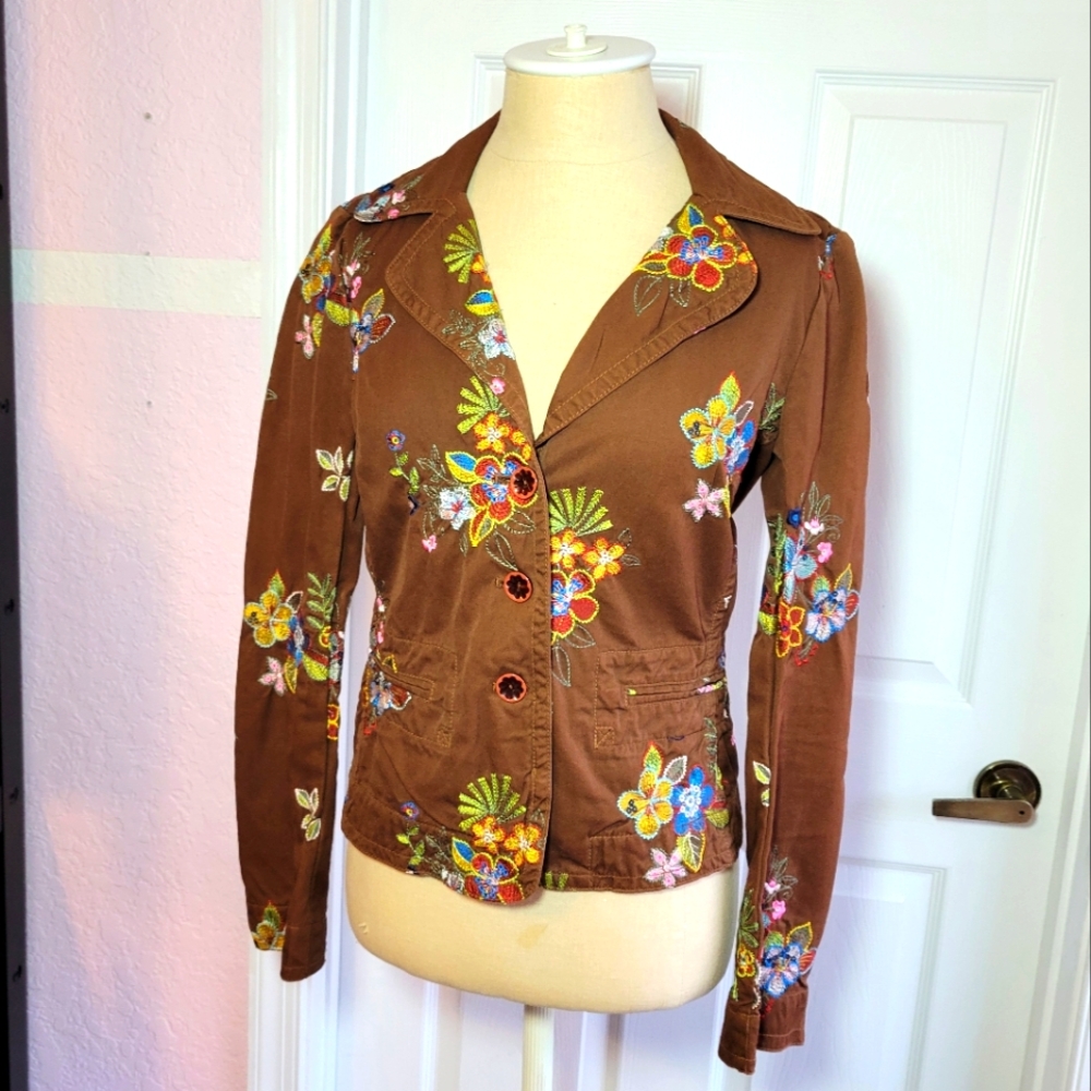 Johnny Was Brown Embroidered Blazer Jacket Size XS Floral Office Boho Travel‎